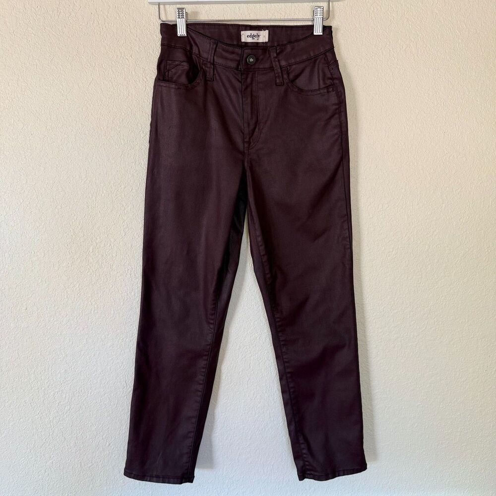 Edgely Burgundy Coated Faux Leather Straight Leg Ankle Jeans